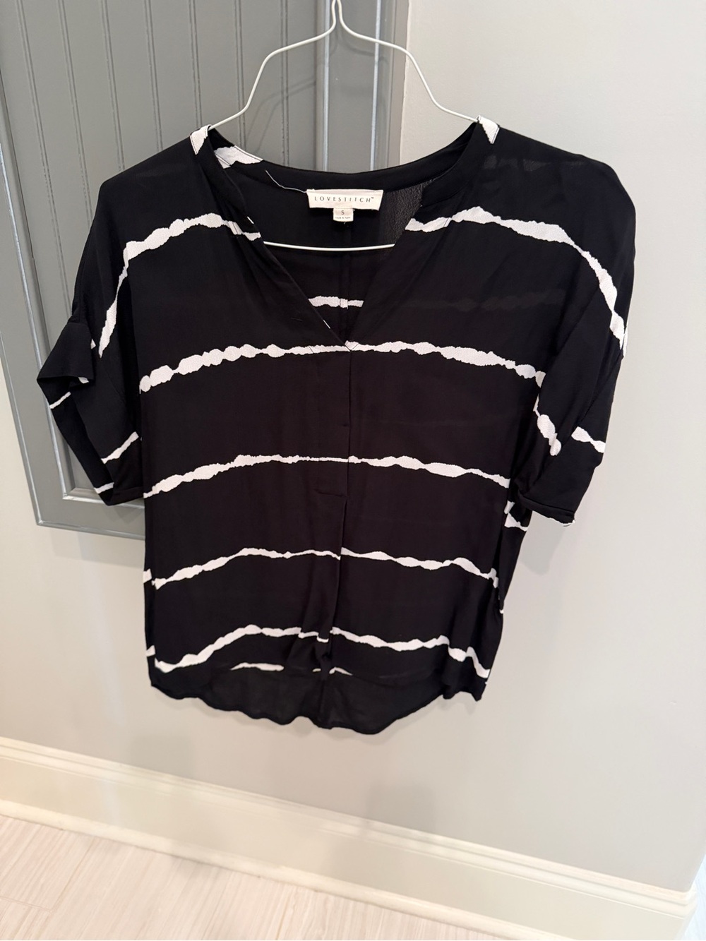 lovestitch Black Top with White Wavy Stripes V-Neck